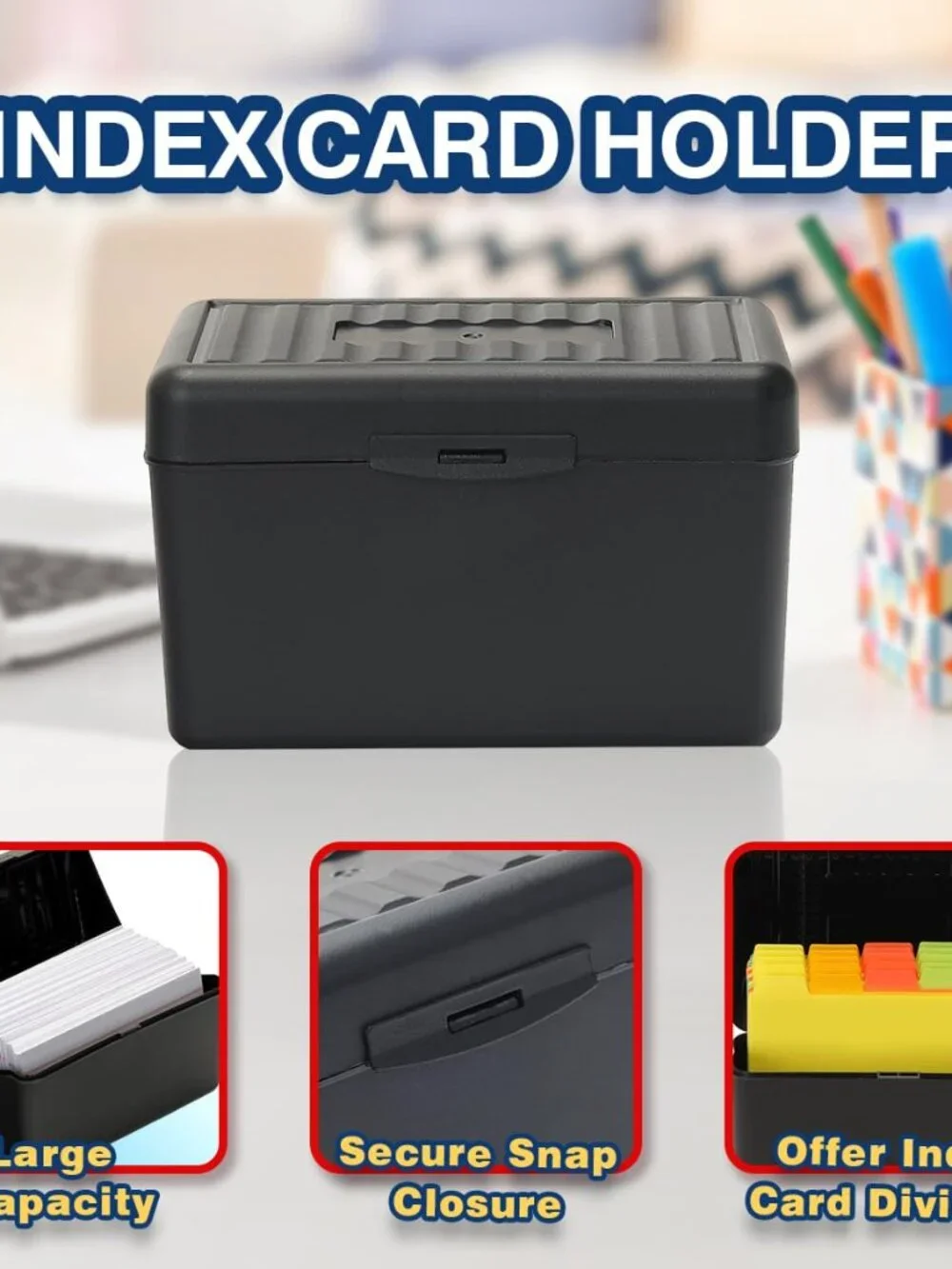 H4D Index Card Holder 3x5 Inches with 25 Plastic Dividers, Black